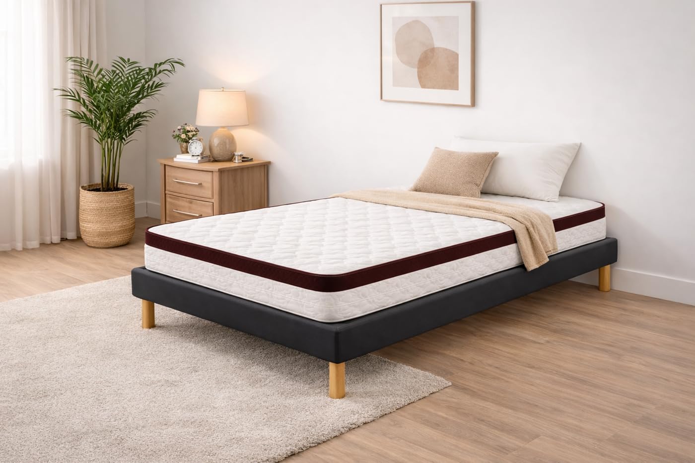 Nuit D'or Ensemble Sommier Tapissier et Matelas 100x200 cm - Couleur : Noir - Sommier Déhoussable avec Pieds 20 cm et Lattes Multiplis - Matelas Soutien Très Ferme Confort Enveloppant -
