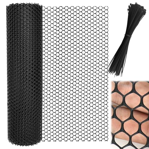 BEASAFY 40cm ×5m Grillage Plastique Petite Maille, Rouleau Grillage avec 100 Serre-Câbles, Polyvalente Clôture en Maille, Noir Filet pour Poulailler, Chat, Balcon