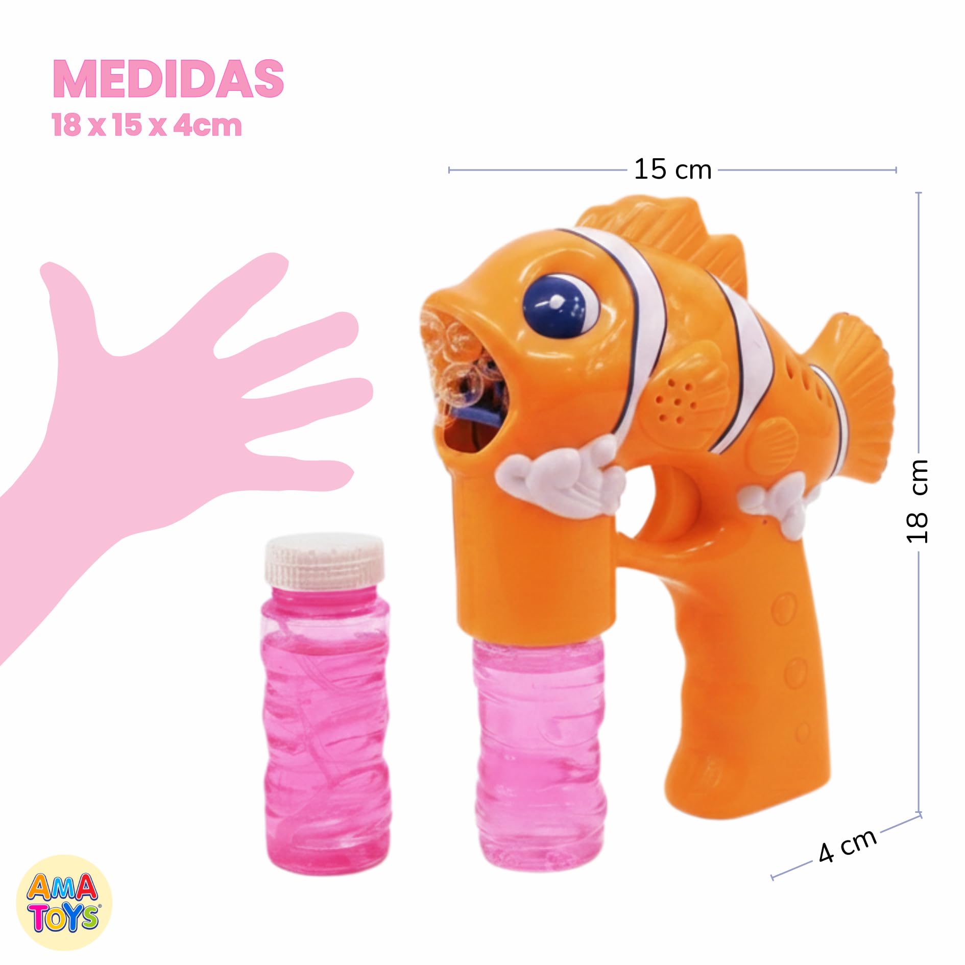 Pistola de Burbujas - Set de 3 - AMATOYS - Máquina de Pompas Automática con Luces - Forma de Animales - Pomperos para Niños y Niñas - Juguete para Piscina y Verano (PEZ_Naranja)
