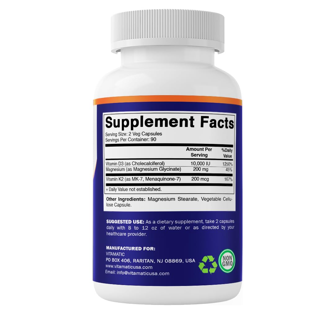 Vitamatic Magnesium Glycinate 200 mg (Elemental) with Vitamin D3 5000 IU & K2 200 mcg – High Absorption Bone, Muscle & Heart Support – 180 Veg Capsules – Non-GMO – Made in USA — Amazon image 9