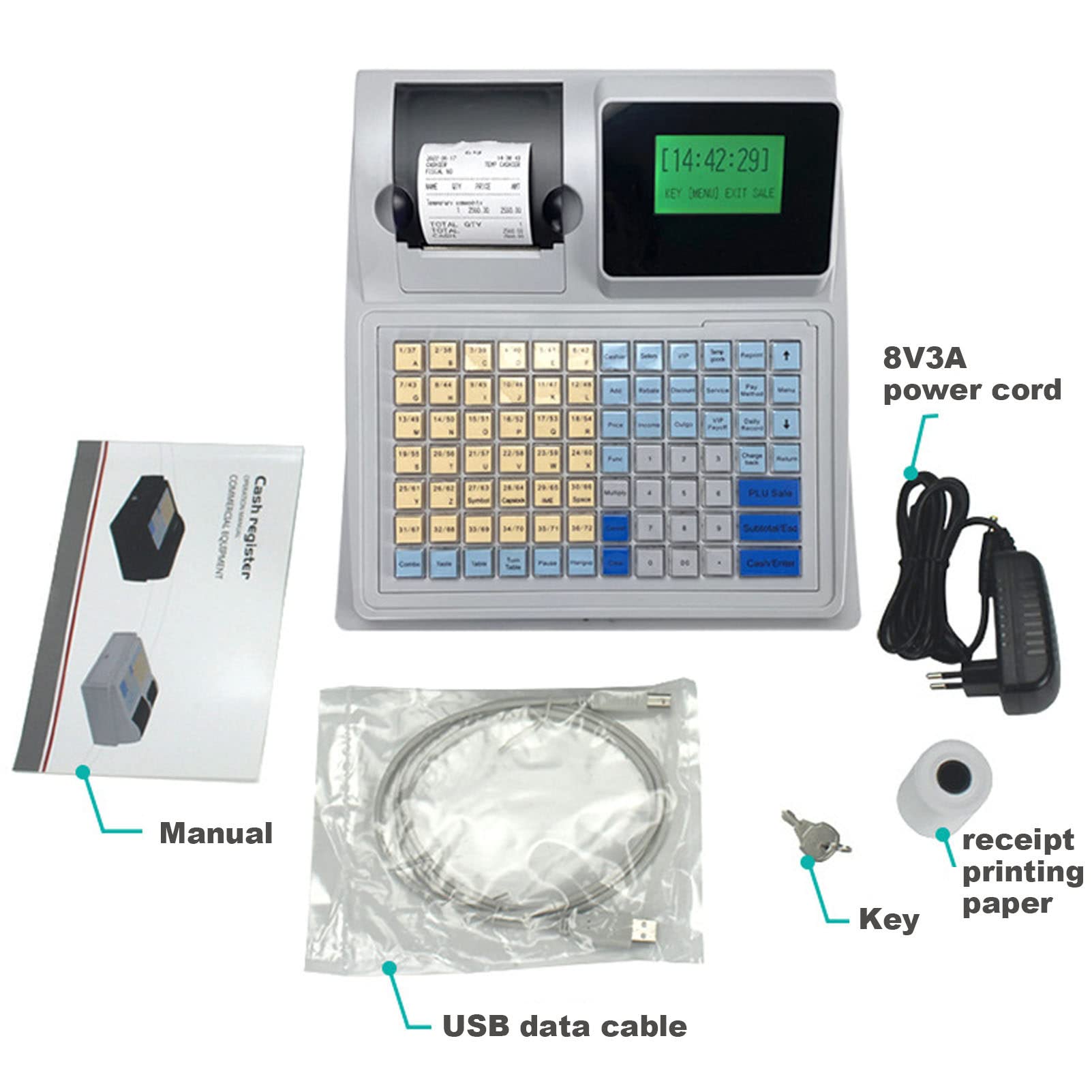 Registratore di Cassa Commerciale, Sistema POS elettronico con Vassoio Rimovibile e Stampante Termica, Multifunzione a LED a 81 Chiavi per Le Piccole Imprese
