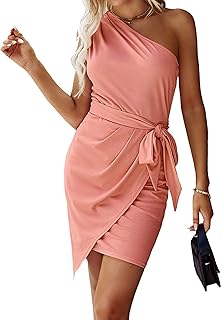 PRETTYGARDEN Women's Summer One Shoulder Mini Short Dresses Irregular Hem Belted Fitted Spring Cocktail