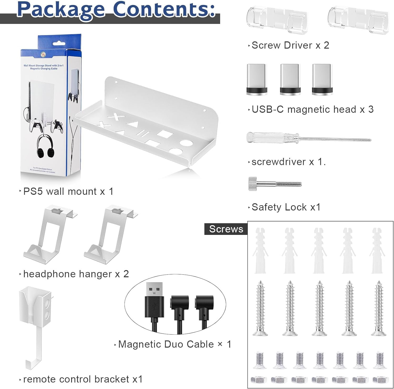 PS5 Supporto Parete Supporto PS5 Muro con 2-in-1 Cavo di Ricarica Magnetico per PlayStation 5 Disco e Digitale Supporto Parete PS5 con Supporto per Controller e Gancio per Cuffie (Bianco)