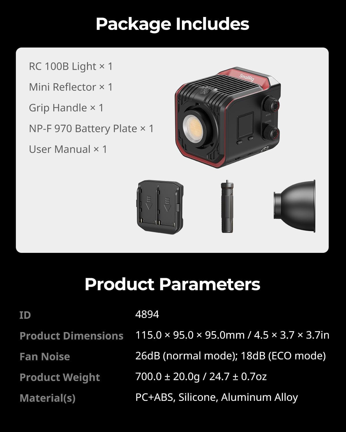 SmallRig RC 100B COB Video Light with Handle, 100W Bi-Color 2700K-6500K, Type-C Fast Charging, Built-in Battery Plate, App Control for Photography, Photo Studio, Mobile Version (Without Battery) 4894
