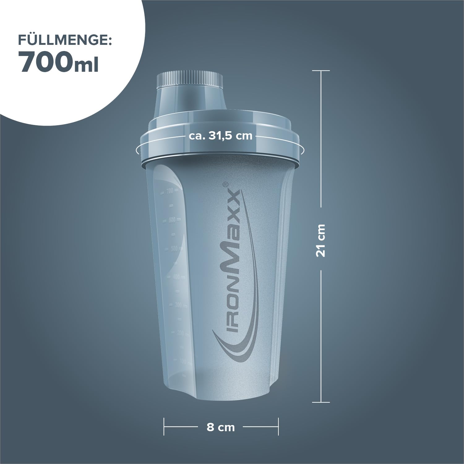 IronMaxx 700ml Protein Shaker Kyanite Blue con tappo a vite, setaccio e scala di misurazione, borraccia da palestra a tenuta stagna per proteine idrolizzate, senza BPA e plastificanti DEHP