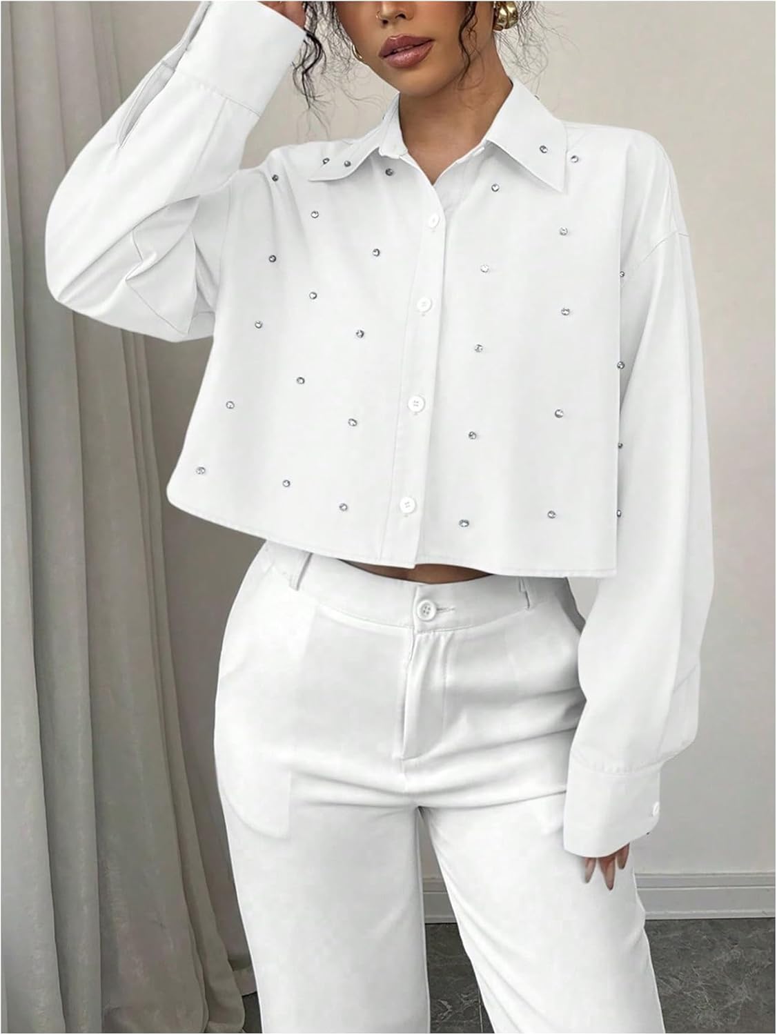 Floerns Women's Rhinestone Button Down Shirts Long Sleeve Fall Clothes Dressy Blouse Tops - Image 5