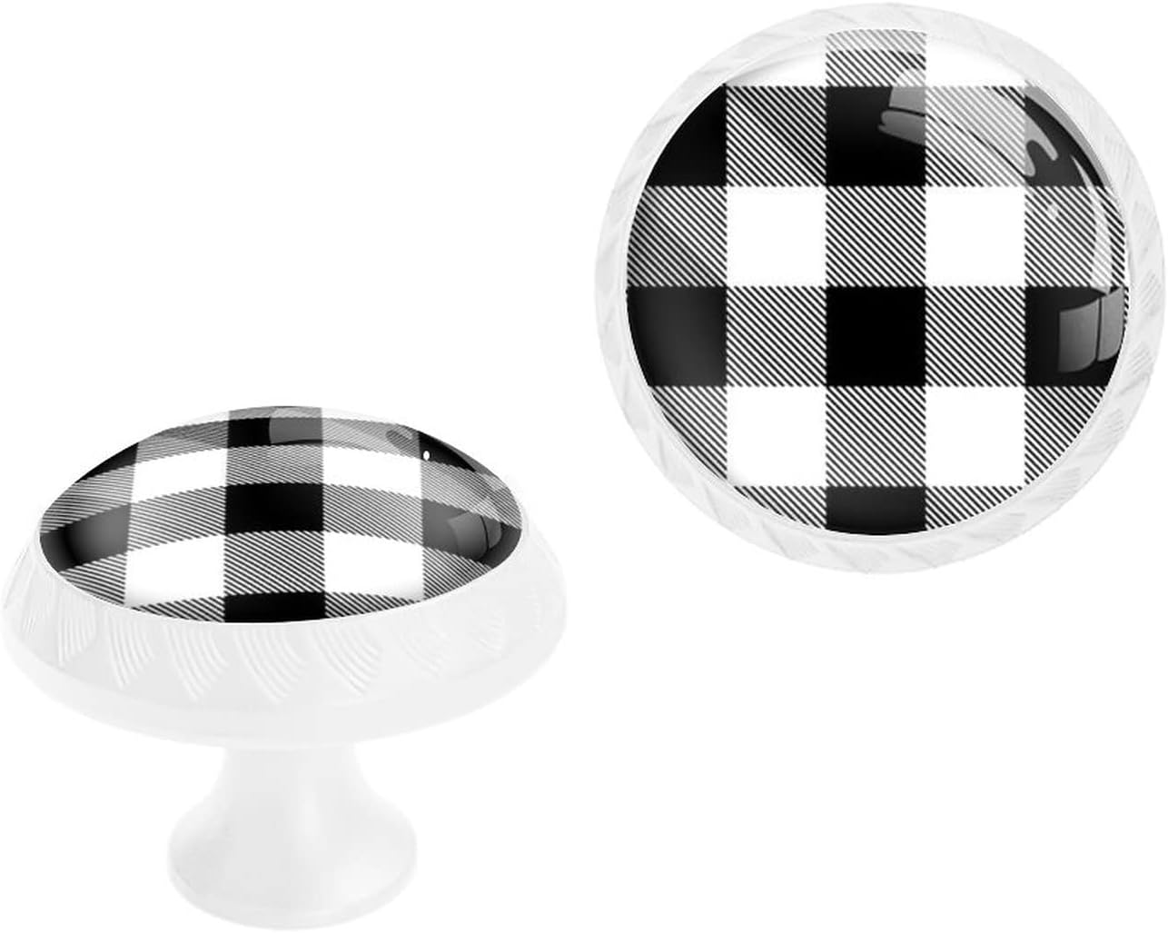 6 Pack White Drawer Pulls Knobs,Black and White Buffalo Plaid Cabinet Knobs Crystal Glass Dresser Knobs for Kitchen Bathroom Hardware