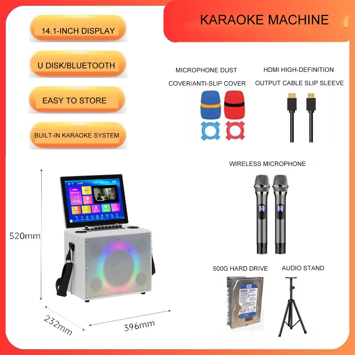 Urządzenie do karaoke z 14-calowym wyświetlaczem, przenośnym głośnikiem Bluetooth, 2 mikrofonami bezprzewodowymi, dyskiem twardym 500G i uchwytem audio (white)