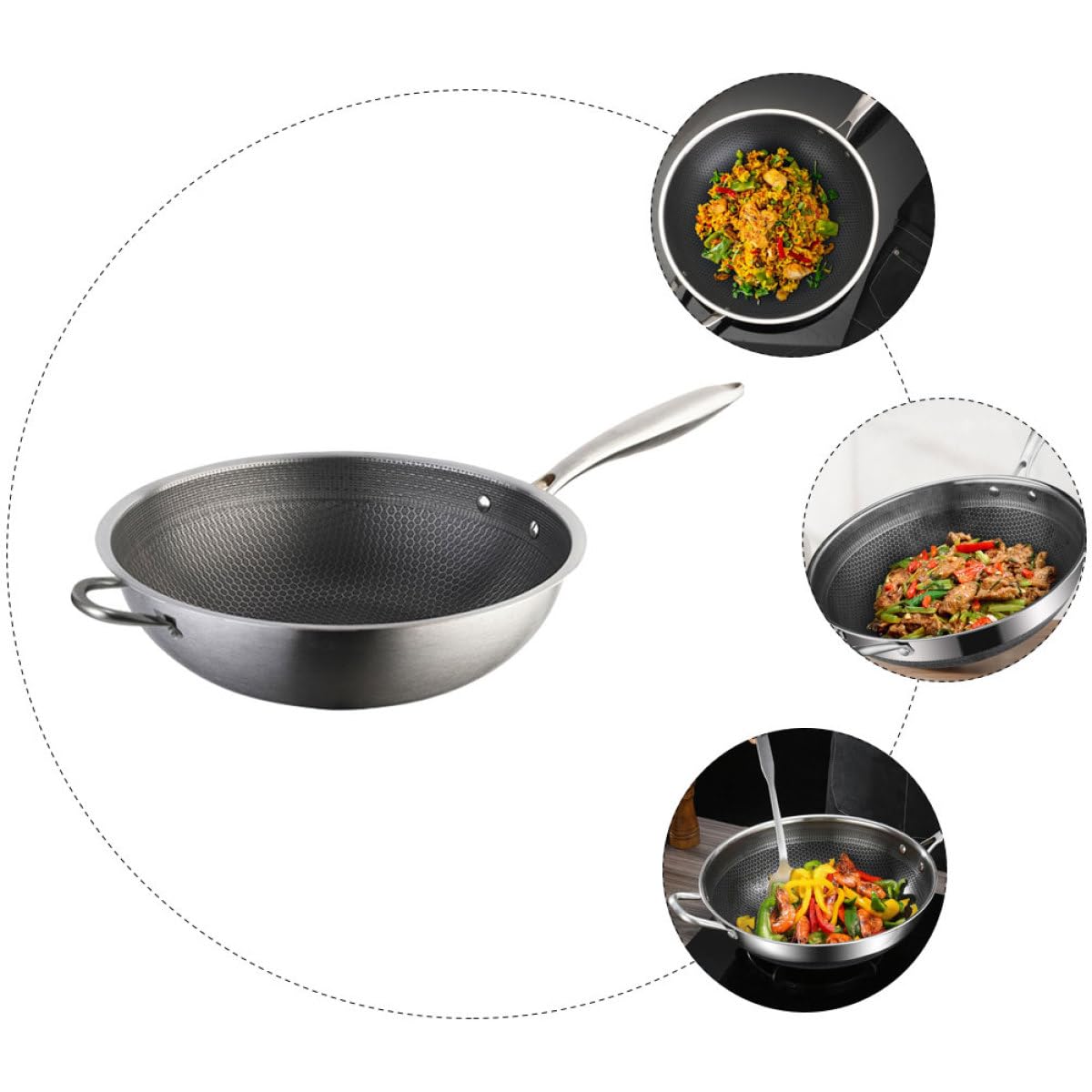 DECHOUS Wok de Acero Inoxidable 32 CM Estructura de Panal Antiadherente Doble Mango Ergonómico Apto para Cocina de Inducción Estufa Eléctrica Gas Sartén Wok Multifuncional para Freír