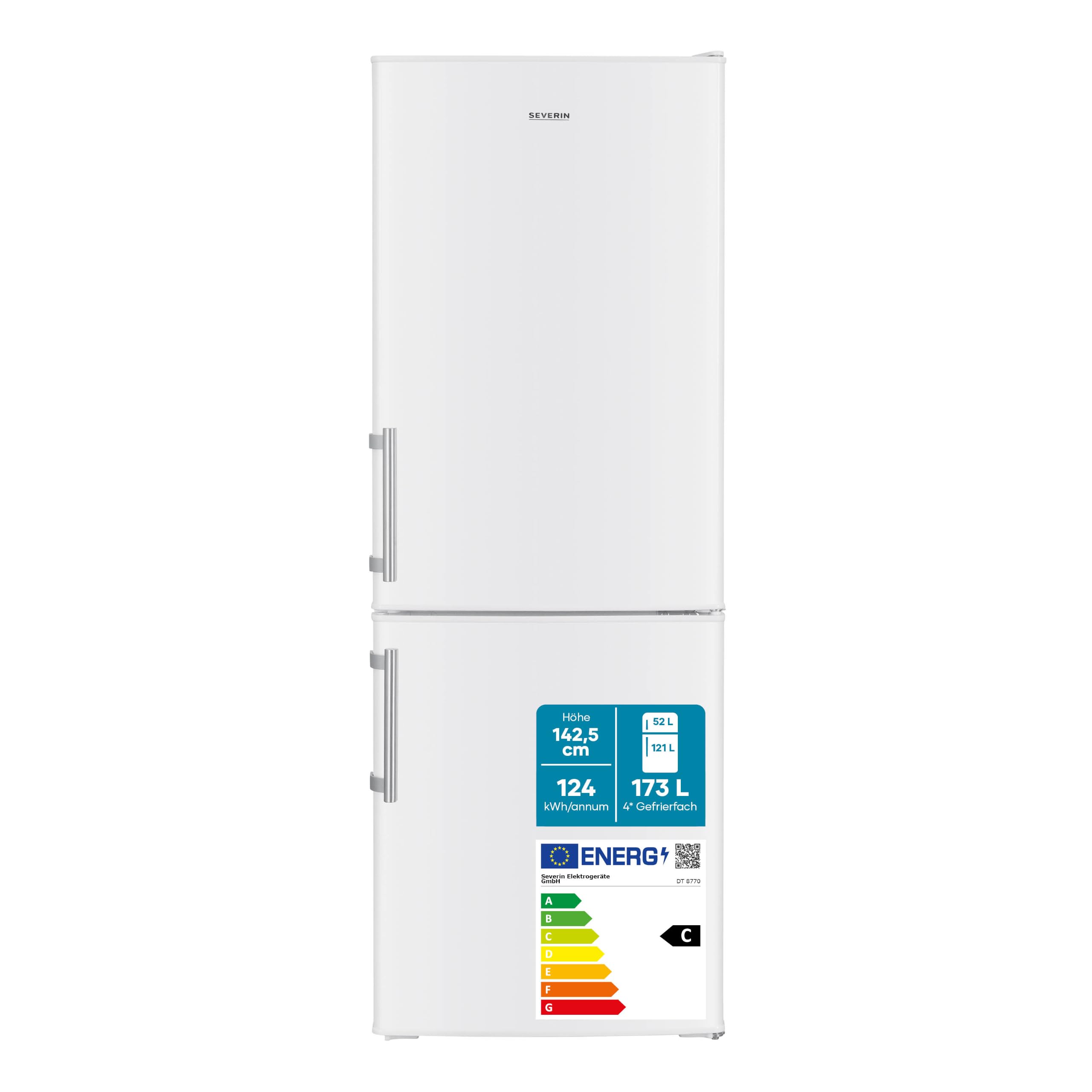 SEVERIN Kühl-Gefrierkombination, Energieeffizienzklasse C, Kühlen 121L, Gefrieren 52L, LED Beleuchtung, 142,5 cm Höhe, 4-Sterne-Gefrierfach, verstellbare Ablagefläche, 124 kWh, weiß/Metall, DT 8770
