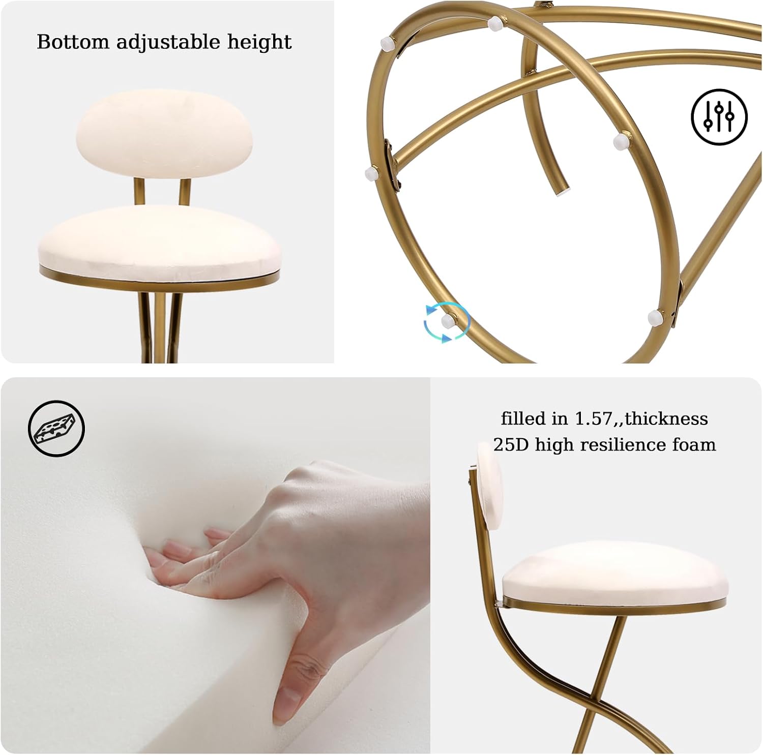 Velvet Bar Stools With Back;Upholstered Counter Chair With Streamlined Gold Legs Set Of 2 For Home Pub, Dinning Room, Kitchen Island Bistro,Club,Living Room (Golden Frame + Creamy White Seat)