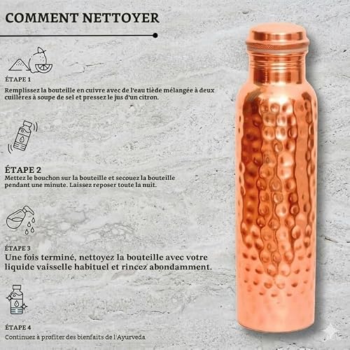 Bouteille en cuivre pur 950 ml, sans joint et anti-fuite, pour le voyage, avec avantages pour la santé ayurvédique, design martelé, bouteille métallique réutilisable et écologique pour la maison, le - 4