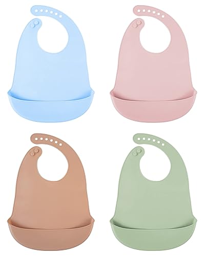 DF DUALFERV 4 baberos de silicona para bebés para niñas y niños, babero impermeable y ajustable para niños pequeños