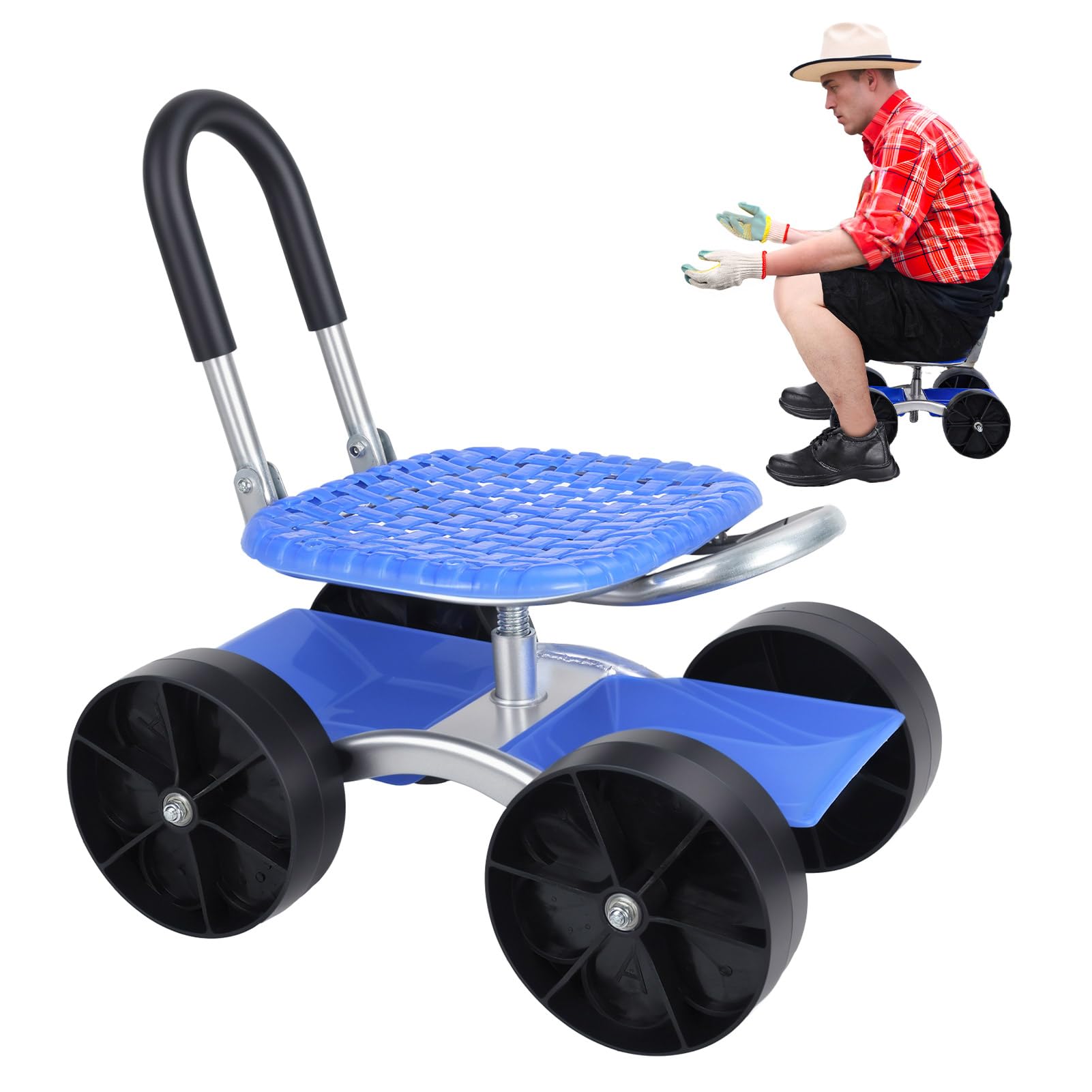 qorkhogr Rolling Garden Work Seat with Wheels,Heavy Duty Garden Cart with Height Adjustable Seat & Storage Tray Rotatable Gardening Stool Multi-Purpose Garden Bench Wagon for Seniors Gardeners Blue