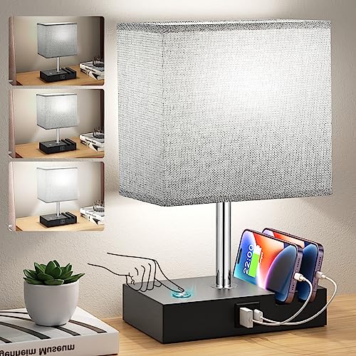 aooshine Touch Lamp with USB C+A Charging Ports-Table Lamp for Bedroom with 3 Levels Brightness(Low/Medium/Hight), 3 Way Dimmable Bedside Nightstand Lamp with 2 Phone Slots (Include Bulb)
