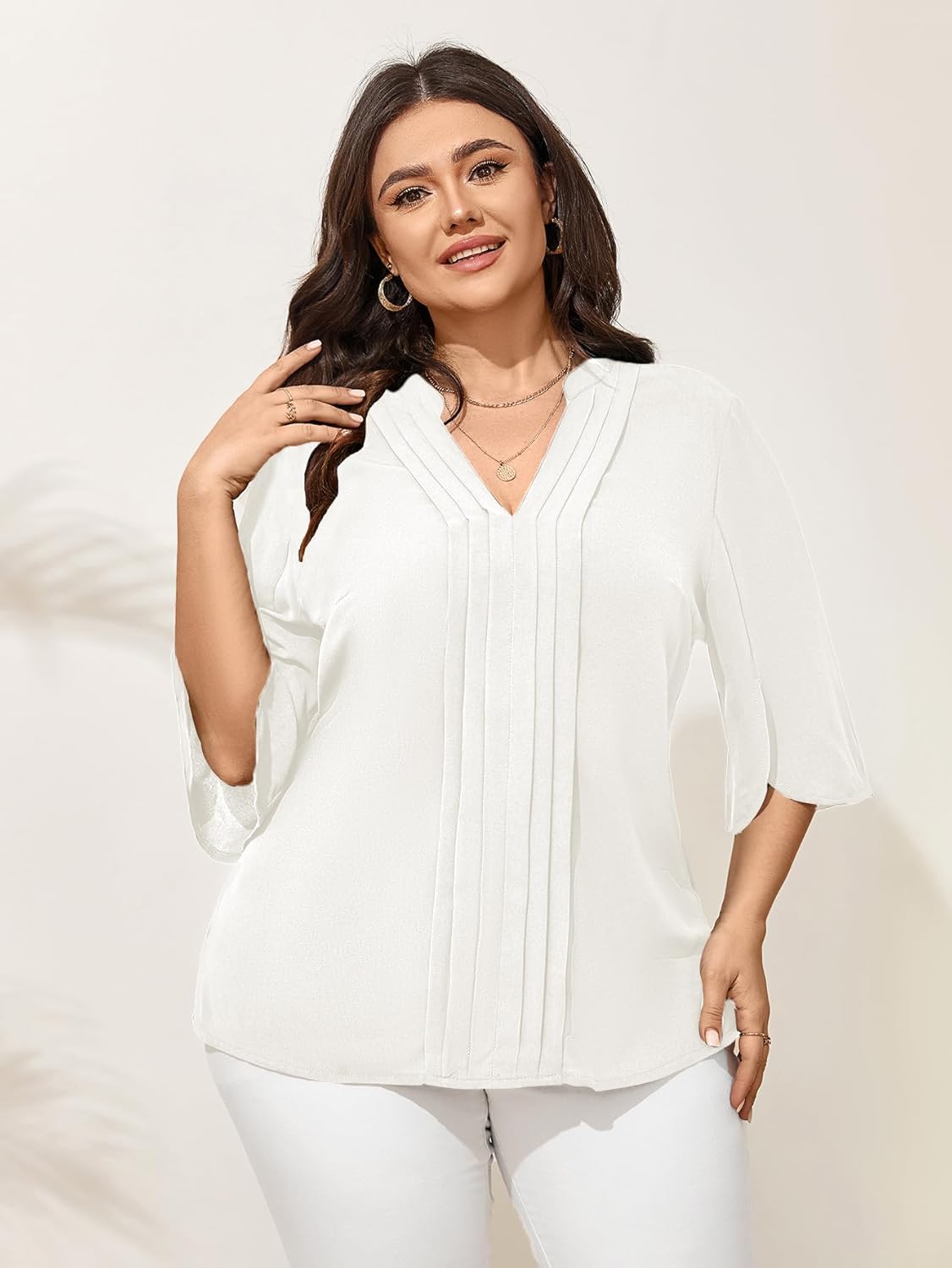 SCOMCHIC Women's Plus Size Blouses 3/4 Sleeve Dressy Tunic Tops Casual Loose V Neck Pleated Shirts - Image 2