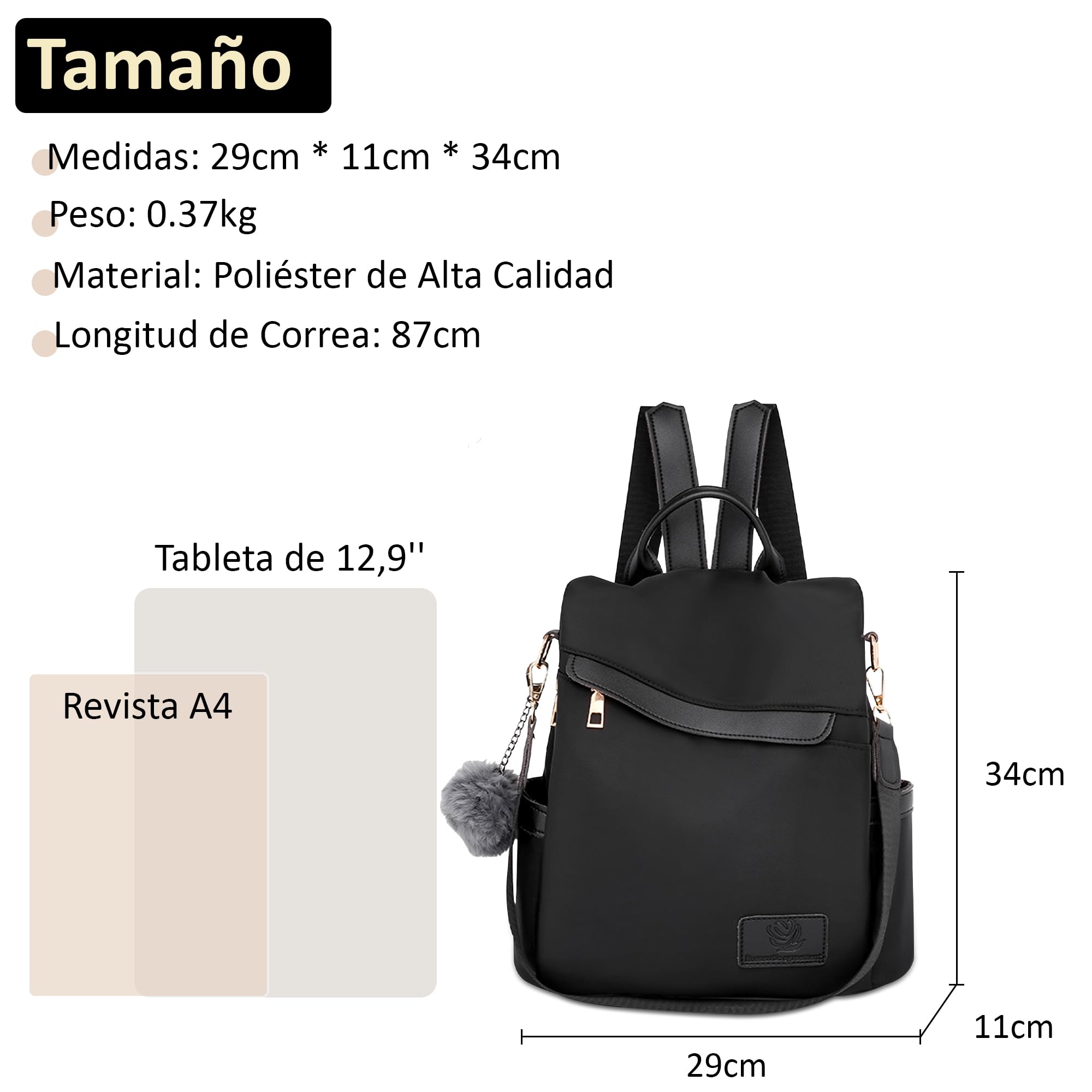 Mochila Mujer Casual Mochila Antirrobo Mujer Bolso Mochila Pequeña Mujer Bolso de Mano Bandoleras Señoras Elegante Bolsos 3 en 1 Impermeable PU Cuero Negro A