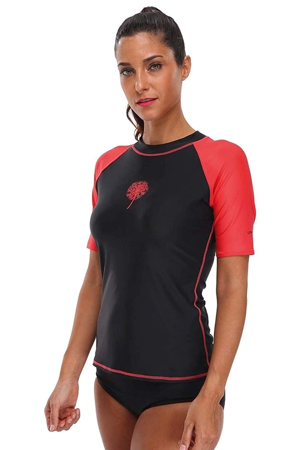 CharmLeaksWomen Short Sleeve Rash Vest Half Zipper Front UV Swim Shirt Sun Protection Swim Top