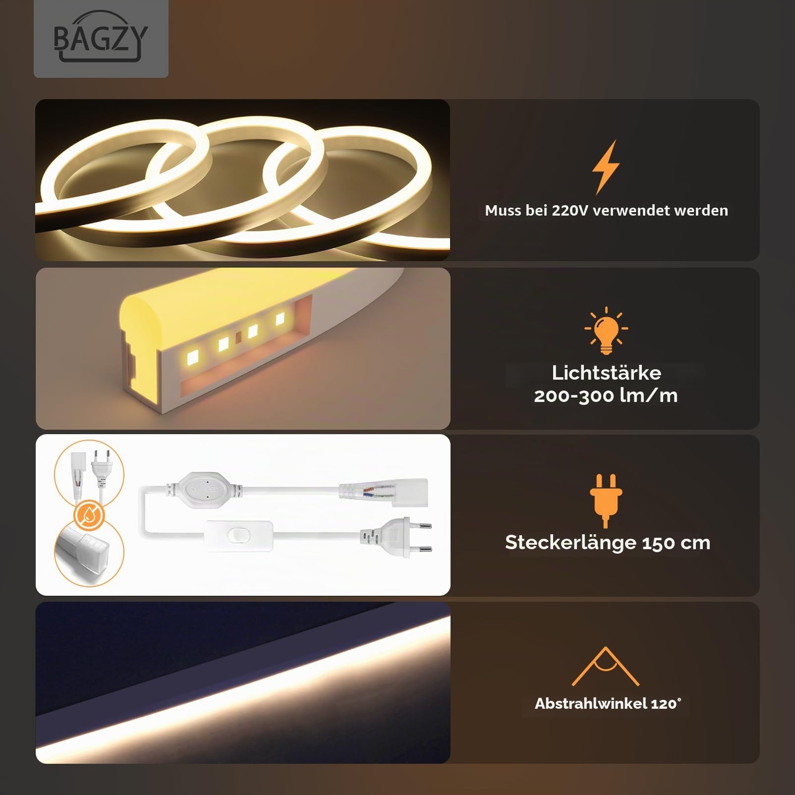 BAGZY Neon LED Streifen 10M Aussenbereich Wasserdicht 230V Outdoor 120 LED/M Flexibler DIY Lichtband mit Netzteil und Controller Natürliches Weiß