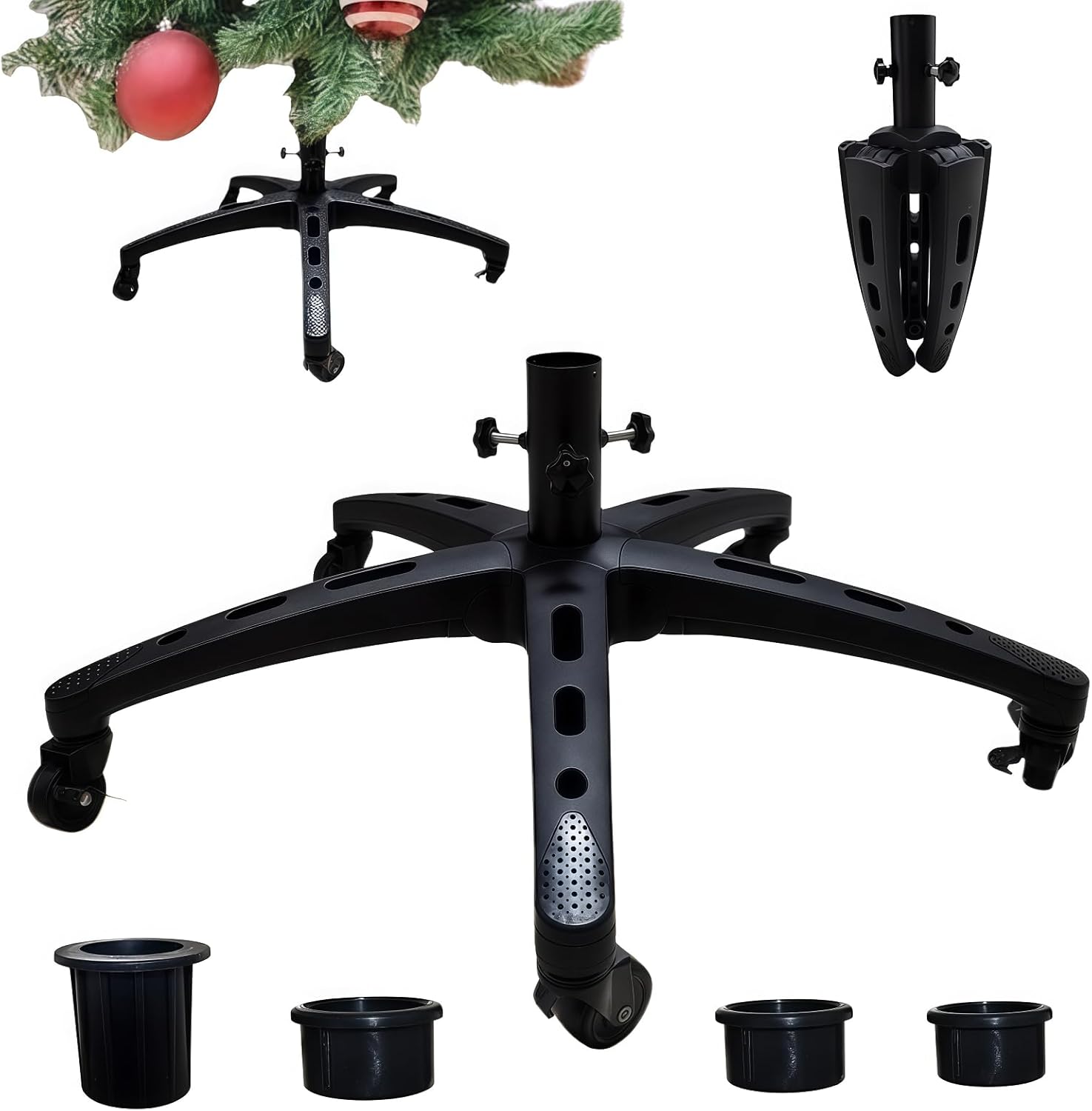 Rolling Christmas Tree Stand with 5 Wheels for up to 9 Foot Artificial Trees, Universal Heavy Duty Movable Xmas Tree Stand Base, Adjustable Fake Tree Holder Base with Rotating Casters