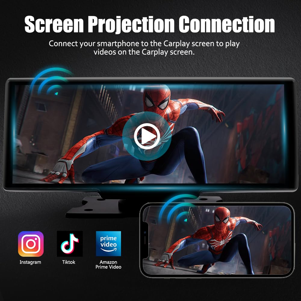 Apple CarPlay & Android Auto przenośne radio samochodowe, Bluetooth z kamerą na deskę rozdzielczą 4K z przodu, ekran dotykowy HD 10,26", rejestrator samochodowy, kamera cofania 1080p, powtarzanie