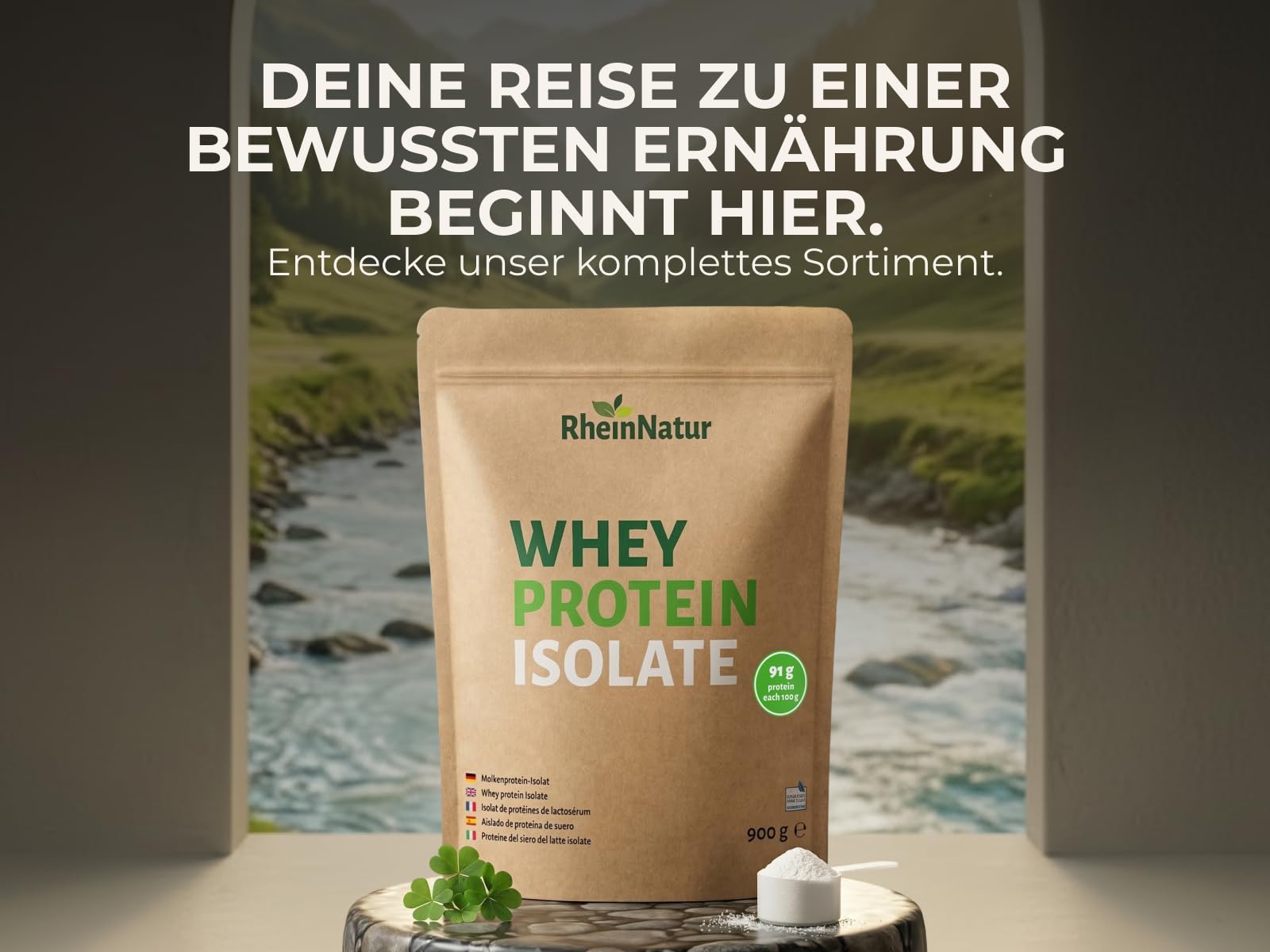 RheinNatur Whey Protein Isolate 900 g - Molkenprotein-Isolat, 91% Eiweißanteil, ohne Zuckerzusatz
