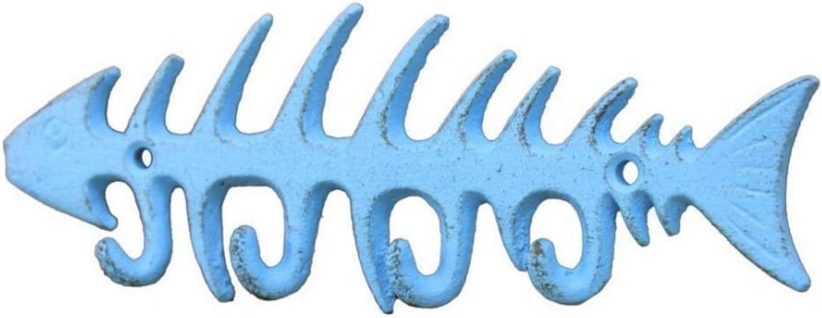 Handcrafted Nautical Decor Rustic Light Blue Cast Iron Fish Bone Key Rack 8" - Cast Iron Decoration - Anti