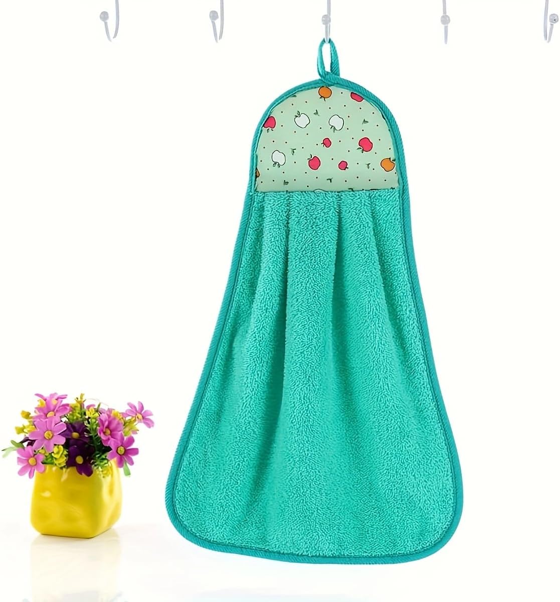 Decorative Kitchen Hand Towel with Apple Print, Turquoise Microfiber, Hanging Loop Design (1, Greener) - Image 2