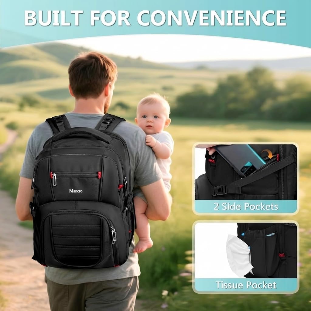 Mancro Dad Diaper Bag Backpack - Large Waterproof Travel Baby Bag for Men with Detachable Bottle Bag & Insulated Pocket, Black
