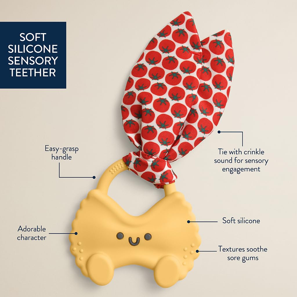 Itzy Ritzy Silicone Baby Teether - BPA-Free Teething Toy with Crinkle Fabric Tie, Easy-Grip Handle & Multiple Textures - for Ages 3 Months and Up (Pasta)