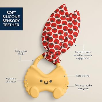 Itzy Ritzy Silicone Baby Teether - BPA-Free Teething Toy with Crinkle Fabric Tie, Easy-Grip Handle & Multiple Textures - for Ages 3 Months and Up (Pasta)