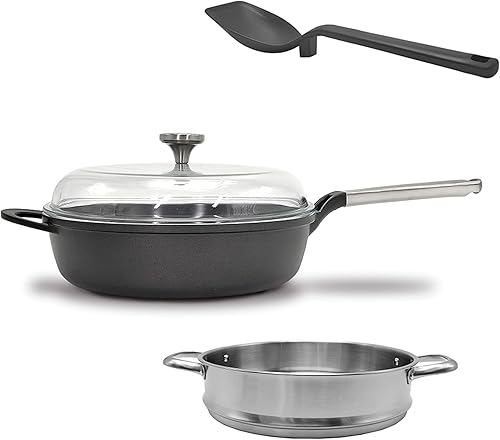 Everything Pan - Juego todo en uno de cerámica antiadherente de 5 cuartos de galón, con tapa de vidrio abovedado, colador de vapor y cuchara, apto