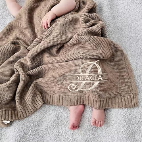 Luxury Personalized Knit Embroidered Baby Name Blanket Custom Embroidered Monogrammed Cotton Nursery Blanket Gifts for Newborn Baby Boy and Girl Newborn Holiday Shower Gift Cotton Knit Stroller 4