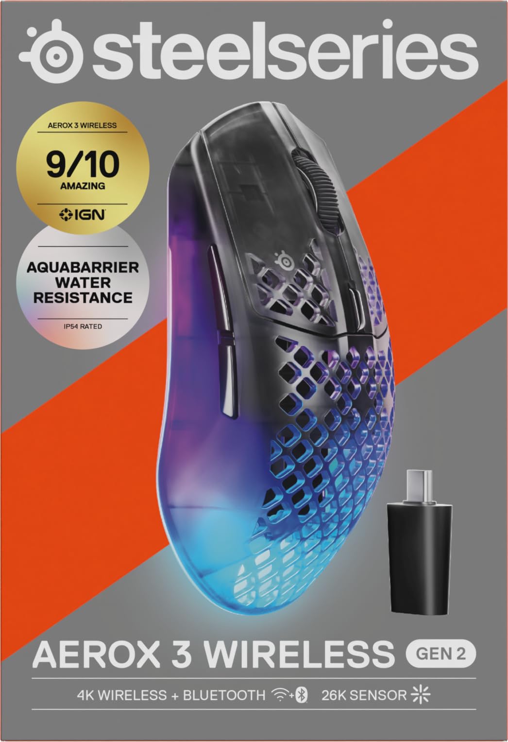 SteelSeries Aerox 3 Wireless Gen 2 – superlekka mysz dla graczy, polling 4K, sensor optyczny 26K DPI, 200 godzin pracy, wodoodporność IP54, 80 mln kliknięć, RGB, ślizgacze 100% PTFE, Shadow