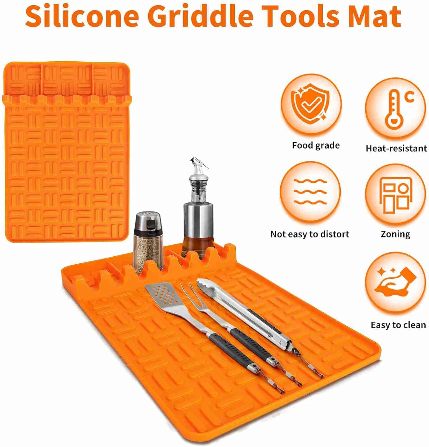 2PCS Orange Heatproof Tool Mats with 8 Slots and Drip Pad, Food Grade BBQ Utensil Organizer for Grill Side Shelf