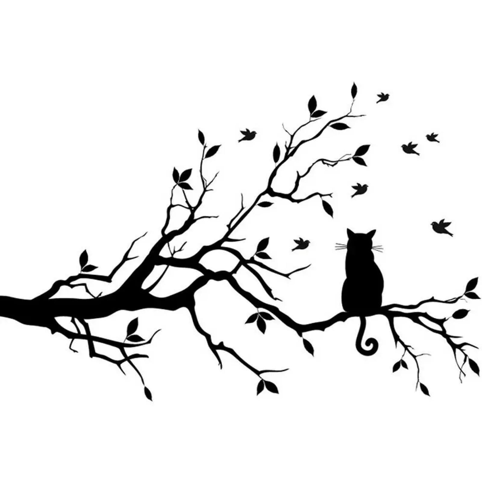 WEIMEIJIE Natural Wall Sticker: Cat on a Branch, Bird Pattern, Vinyl Wall Sticker, Bedroom Home Decor