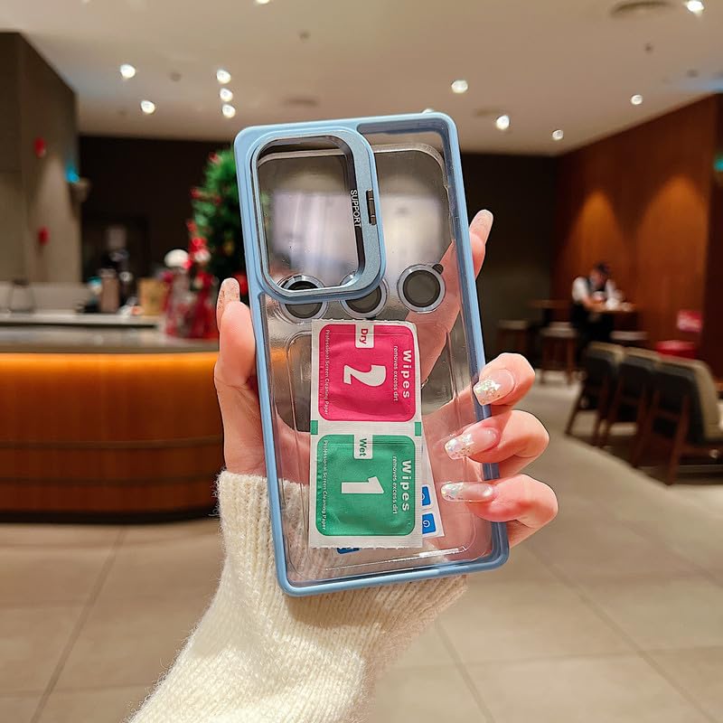 Image of Clear Case for Samsung Galaxy S25 Ultra | Metal Lens Protector & 180 Rotating Bracket | Shockproof Transparent Hard Back Cover with Soft TPU Frame - Sierra Blue