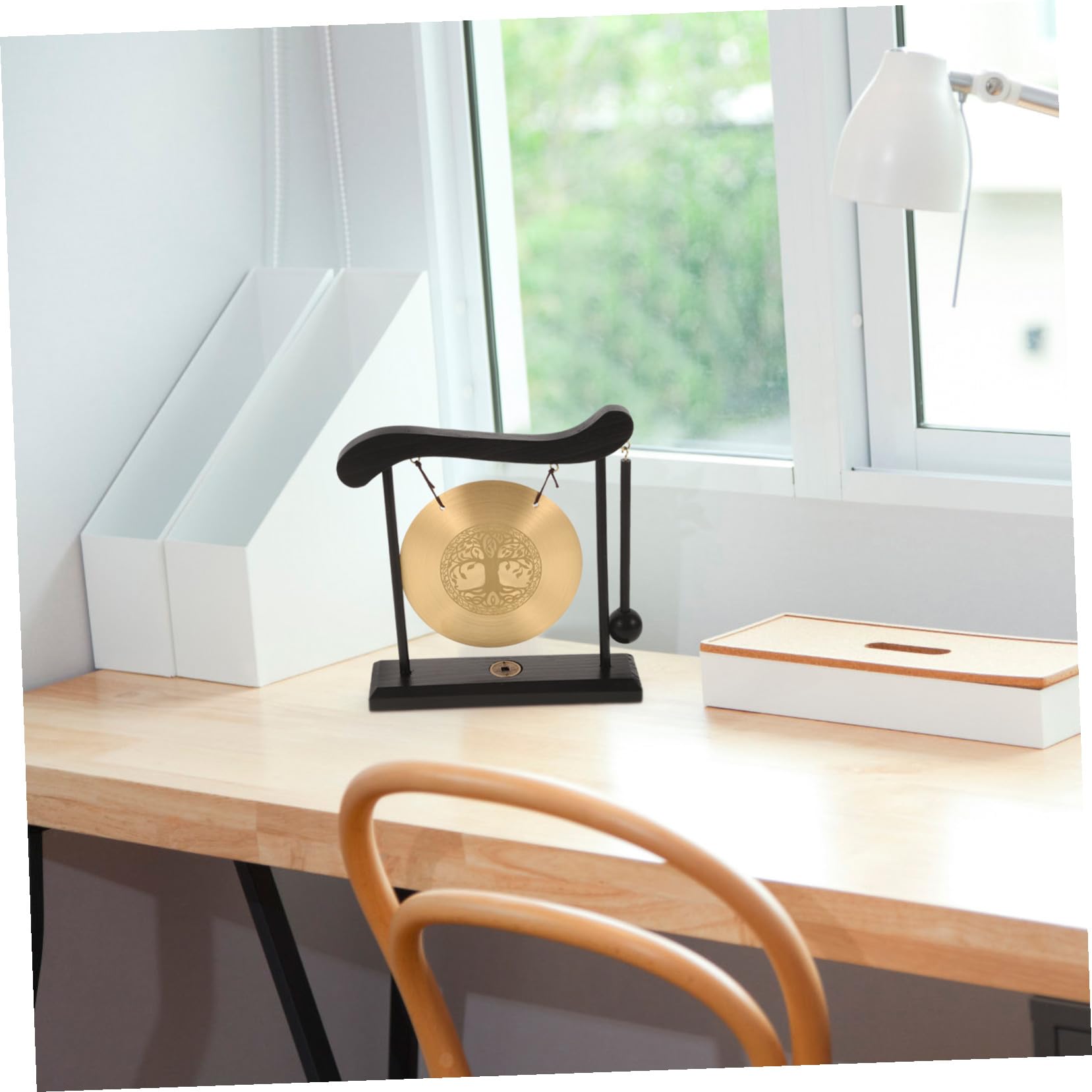 Gong de Aleación Decorativo de Cobre y Madera con Diseño de Árbol Vida para Decoración de Escritorio Interior con Buena Estabilidad y Estilo Creativo Delicado