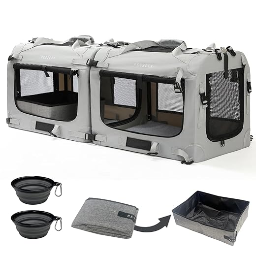 Extra Large Cat Carrier Soft Sided, Portable Small Dog Carrier for 2 Cats, 24"x16.5"x16" Car Travel Folding Comfortable Design with Litter Box and Bowls, Grey-2+ Litter Box+ Bowl*2