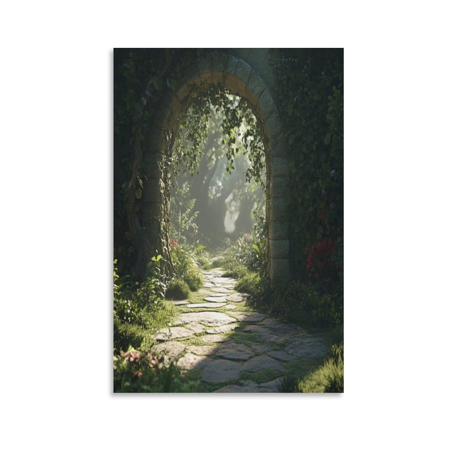 Euumkoo Unframed Stone Archway Canvas Wall Art, Garden Sunlight Green Plants Picture Painting On Canvas, Print Poster Decoration Artwork For Home Living Room Bedroom Wall Decor 24X36inch(60X90cm)