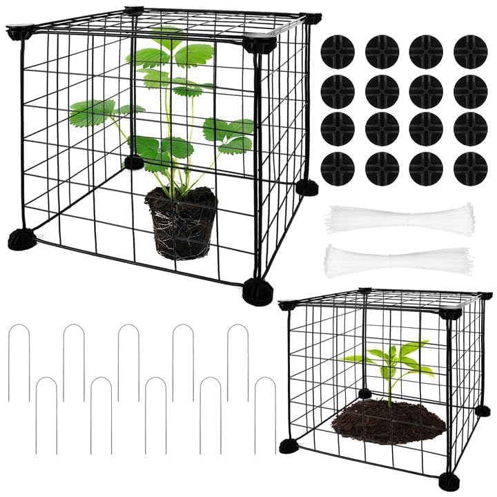 10 Sheet Wire Plant Protectors 12x12 Inch Square Wire Plant Cages Mesh Metal Meshes Garden Cloches for Plants with 10 Ground Stakes 200 Ties for Protecting Flower Vegetable Plants from Animals Chicken-image-2