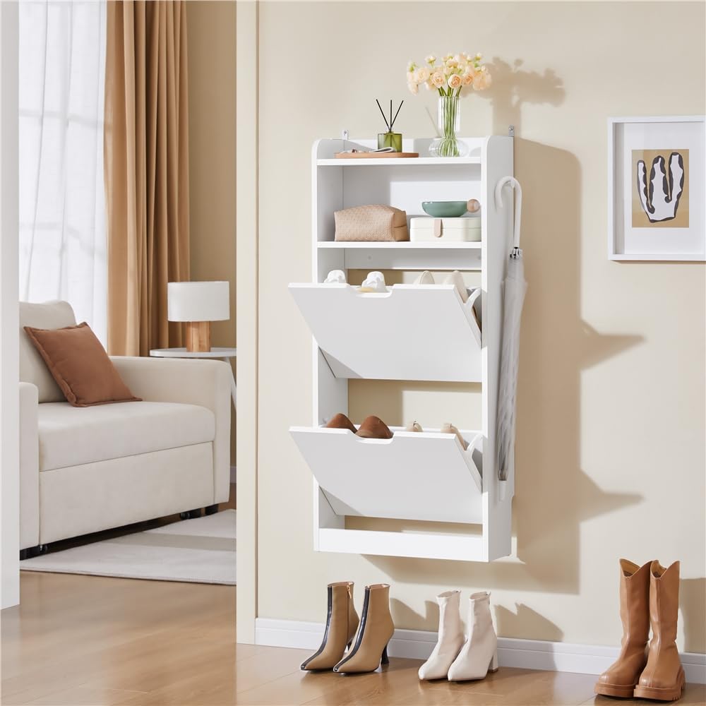 Yaheetech Mueble Zapatero Estrecho con 4 Solapas 100 x 17 x 108.5 cm Blanco | Gran Capacidad con Ganchos y Compartimento Abierto Mecanismo de Apertura Suave para Pasillos Estrechos, Entradas o Vestíbulos