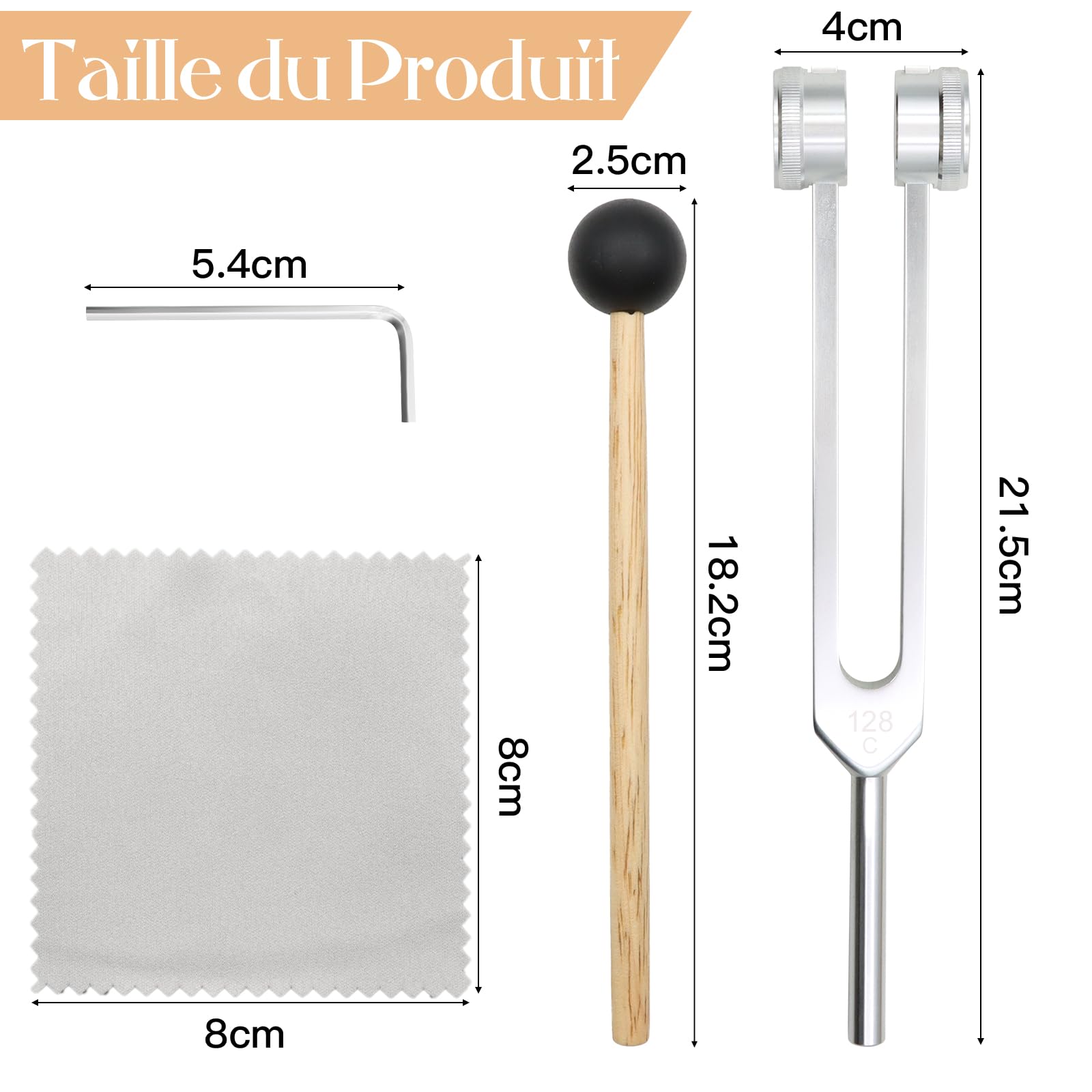 VEGCOO Diapasón Terapéutico, Diapasón 128Hz Aluminio, Cuidado por Vibración Diapasón, Diapasón Ofrece respuesta frecuencia, martillo de silicona, herramienta de reparación, paño de limpieza, bolsa de