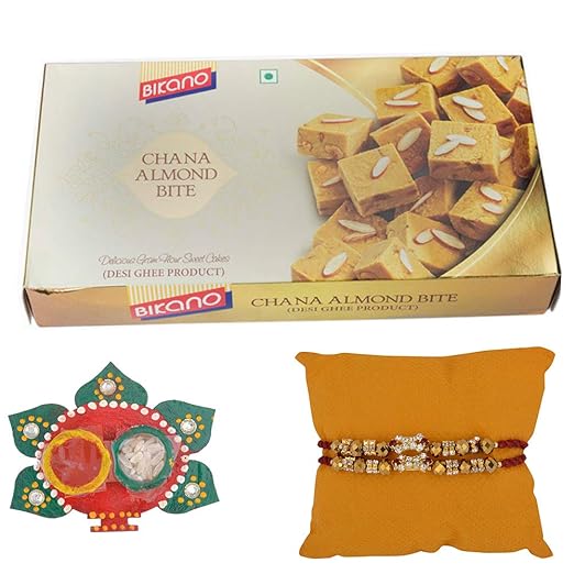 Celebrations Feastive Celebrations Bikano Chana Almond Bite Hamper with a Set of 2 Rakhis, Roli and Tilak