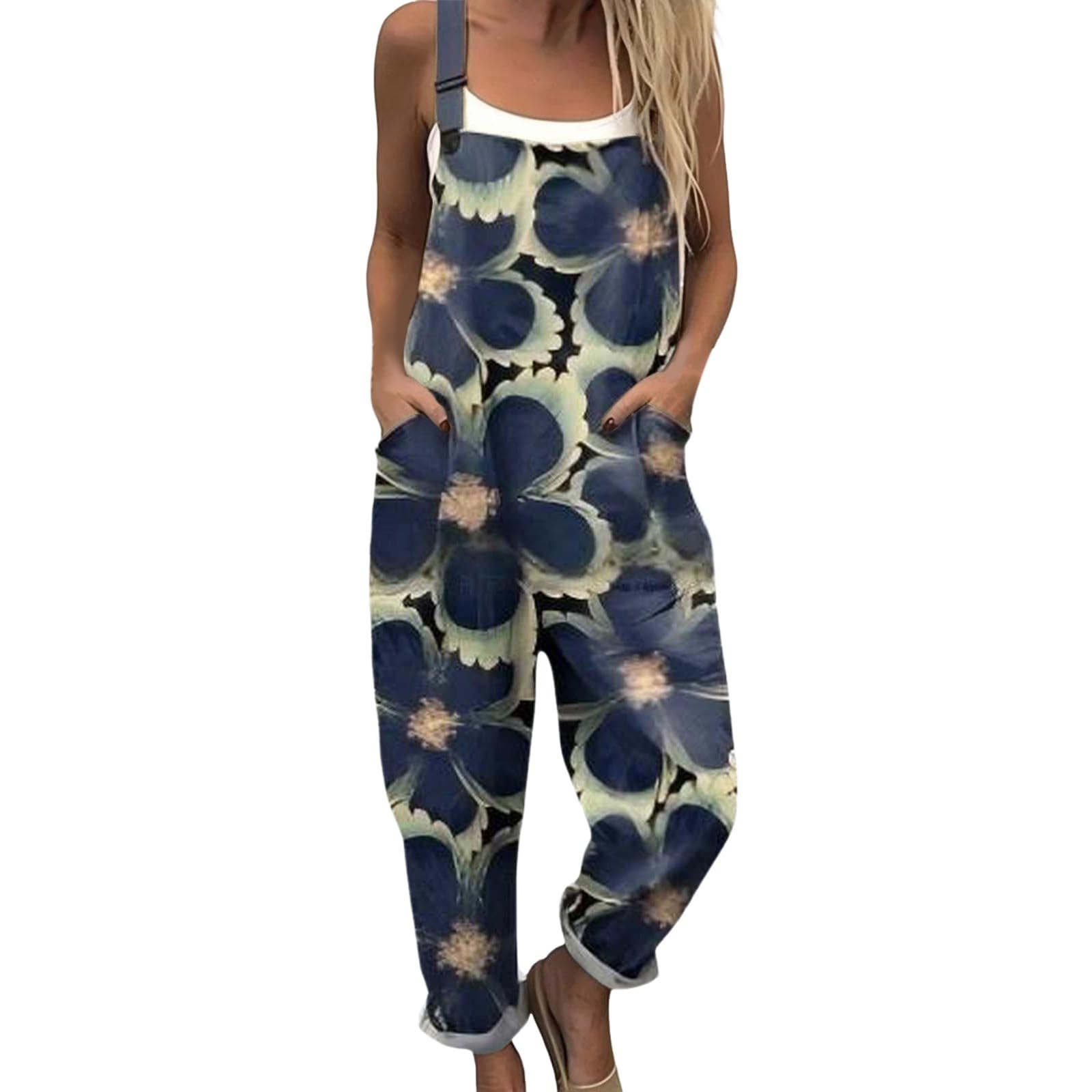 Generico Salopette Donna Estiva Lunga Elegante Tuta Jumpsuit Intera Curvy Casual Moda Stampa Jumpsuits Comoda Larga Pantaloni Da Lavoro Con Tasca Leggera Baggy Salopette da Casa, Playsuit Mare
