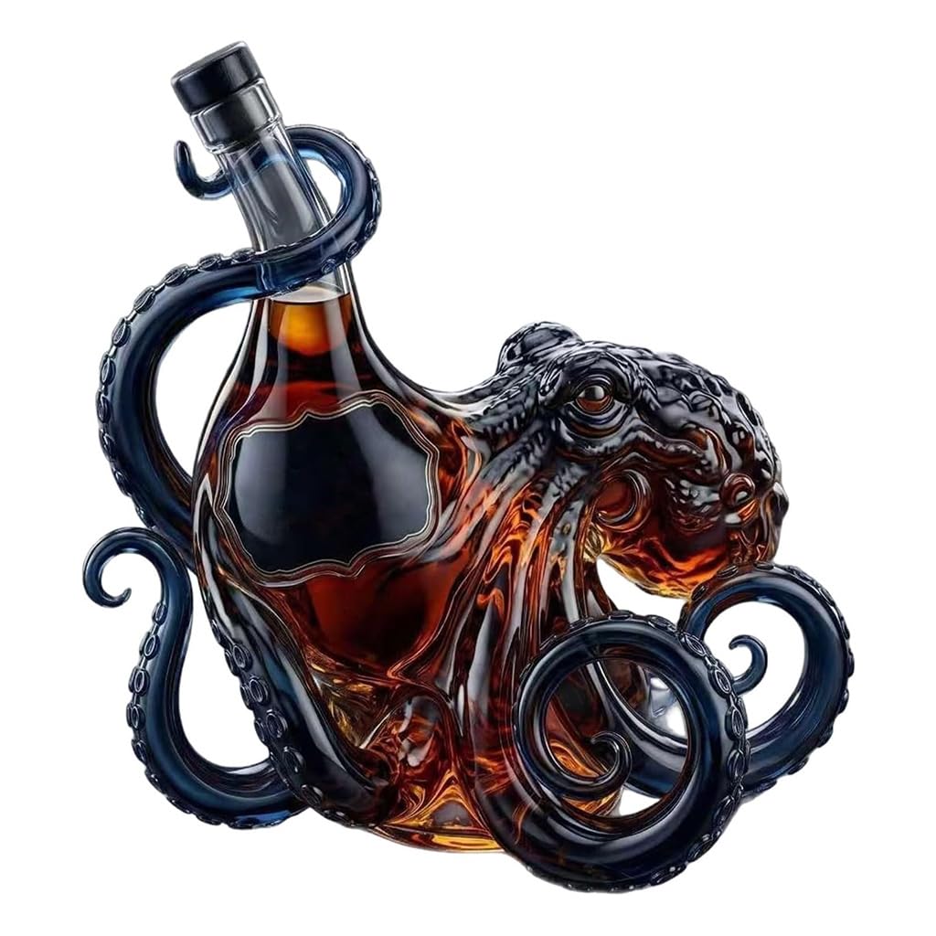 3D Octopus Whiskey Decanter, Borosilicate Glass Carafe with Sculpted Kraken Design for Rum or Bourbon, 750ml Statement Gift for Father's Day Christmas or Groomsmen (750ml A)