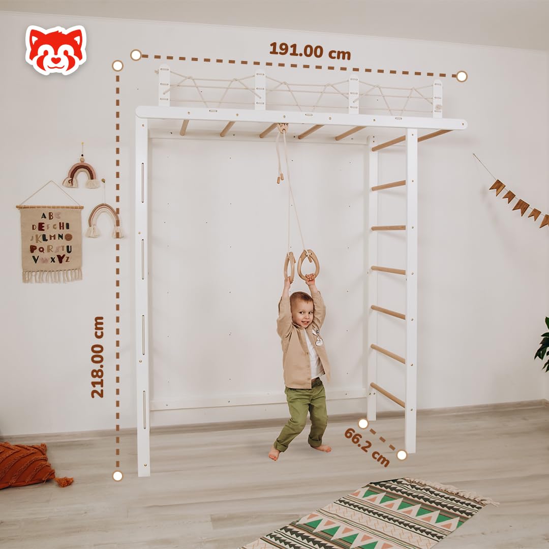 Wood And Hearts Drinnen Schwedische Leiter, Klettergerüst Indoor, Indoor Kletterwand Kinder, Turngeräte in Weiß und natürliche Holzfarbe mit Paar Gymnastikringe