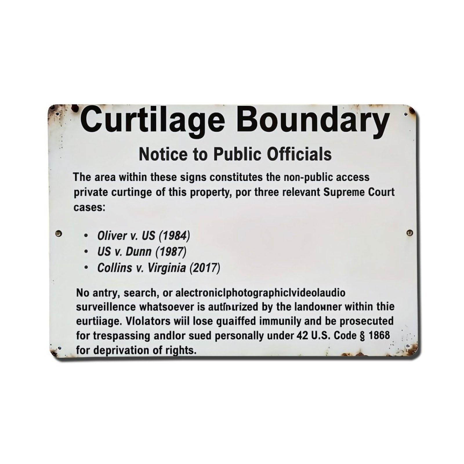 Curtilage Boundary Notice Sign Metal Tin Sign Plaque