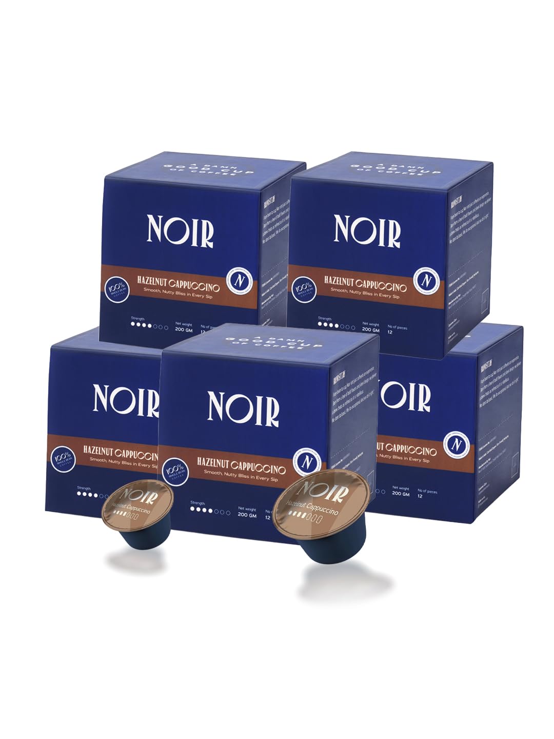 Noir's Premium Hazelnut Cappuccino Bundle of 50 Pods | Rich Dairy Creamer with Smoothy Hazelnut Flavor | Velvety Frothy Finish | Dolce Gusto Compatible Pods | Pack of 5 Boxes