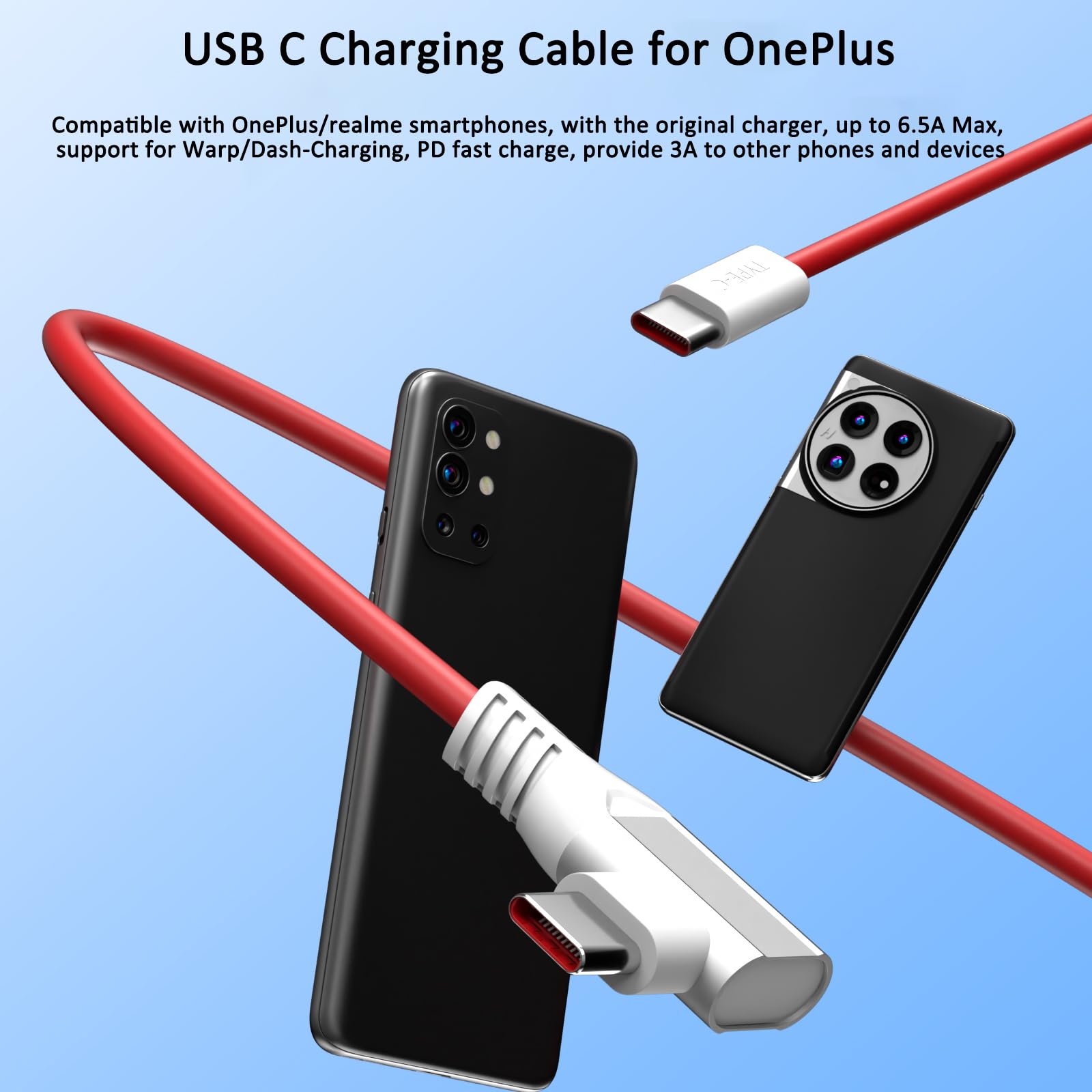 COOYA Supervooc USB-C-Ladekabel, 125 W, für OnePlus 10T, 9 Pro, Nord, 2T, 8T, 7T, 65 W, Warp Dash Charge, 1,8 m, Typ-C-Kabel, rechtwinklig, PD, Schnellladekabel, Datentransferkabel für iPhone/Samsung